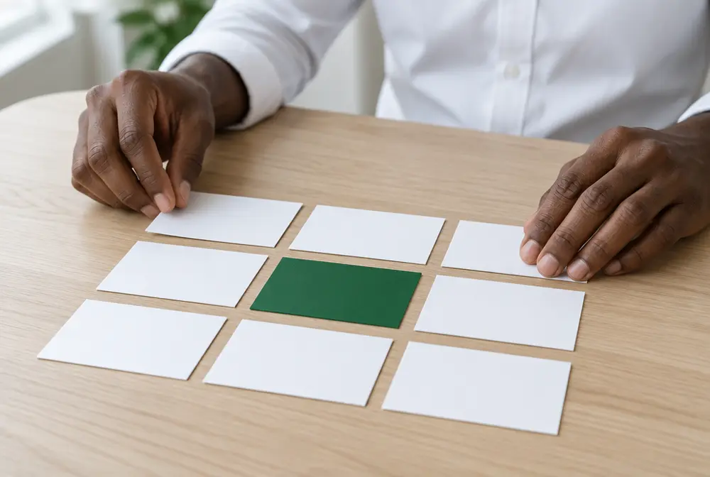 Hands arranging blank white cards in a grid, one card green