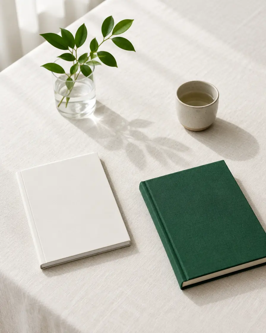 White notebook, green clothbound book and a sprig of leaves