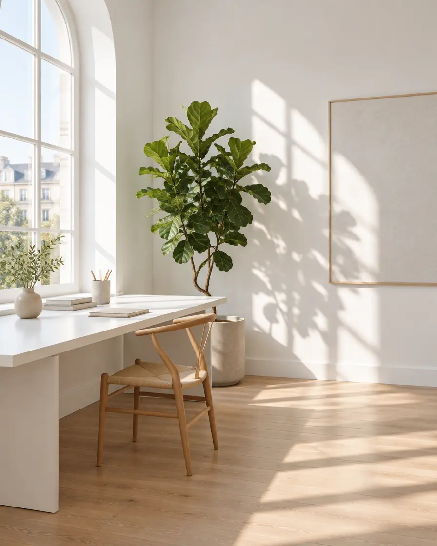Bright white studio with an arched window and a fiddle-leaf fig